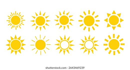 Sun icon set. Yellow sun star icons collection. Summer, sunlight, nature, sky. Vector illustration isolated on white background.
