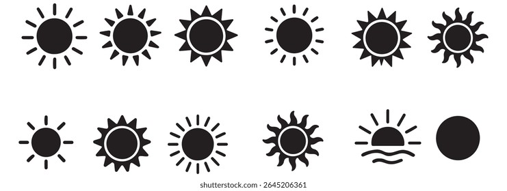 Sun icon set. Yellow sun star icons collection. Summer, sunlight, nature, sky. Vector illustration isolated on white background.