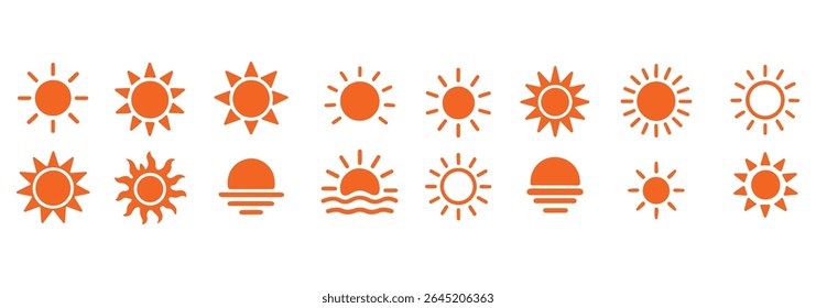 Sun icon set. Yellow sun star icons collection. Summer, sunlight, nature, sky. Vector illustration isolated on white background.