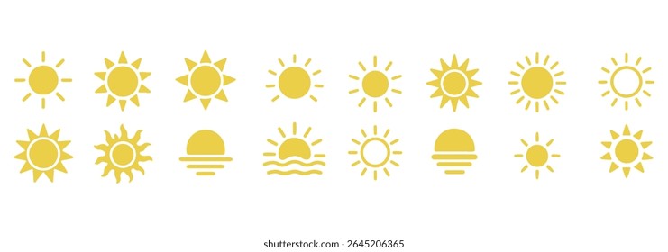Sun icon set. Yellow sun star icons collection. Summer, sunlight, nature, sky. Vector illustration isolated on white background.