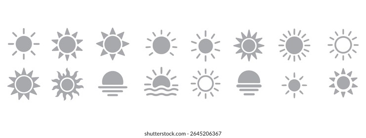 Sun icon set. Yellow sun star icons collection. Summer, sunlight, nature, sky. Vector illustration isolated on white background.