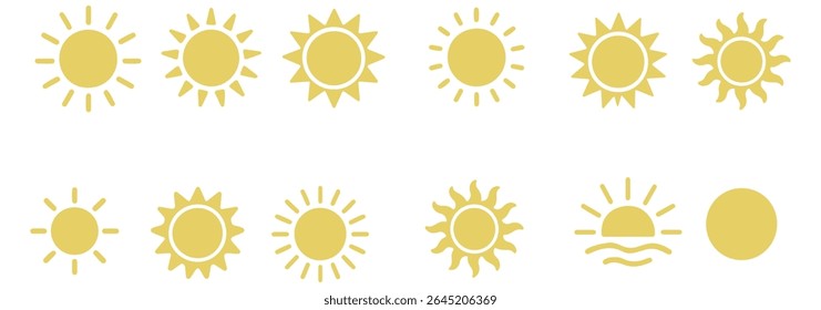 Sun icon set. Yellow sun star icons collection. Summer, sunlight, nature, sky. Vector illustration isolated on white background.