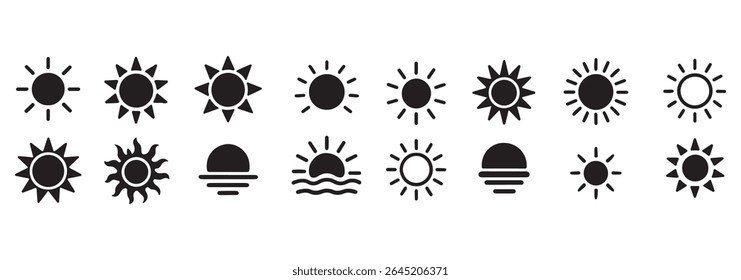 Sun icon set. Yellow sun star icons collection. Summer, sunlight, nature, sky. Vector illustration isolated on white background.