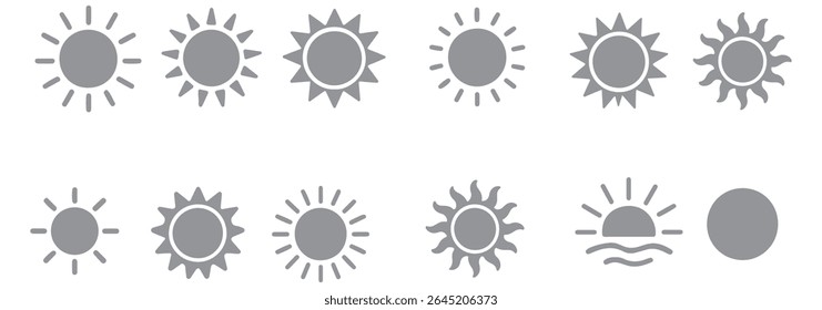 Sun icon set. Yellow sun star icons collection. Summer, sunlight, nature, sky. Vector illustration isolated on white background.