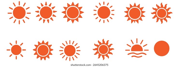 Sun icon set. Yellow sun star icons collection. Summer, sunlight, nature, sky. Vector illustration isolated on white background.
