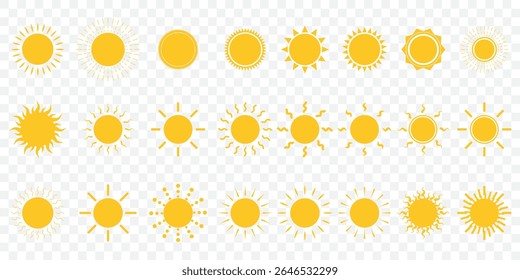 Sun icon set. Yellow sun star icons collection. Summer, sunlight, nature, sky. Vector illustration Set of 24 isolated on Transparent background.