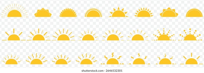 Sun icon set. Yellow sun star icons collection. Summer, sunlight, nature, sky. Vector illustration Set of 24 isolated on Transparent background.