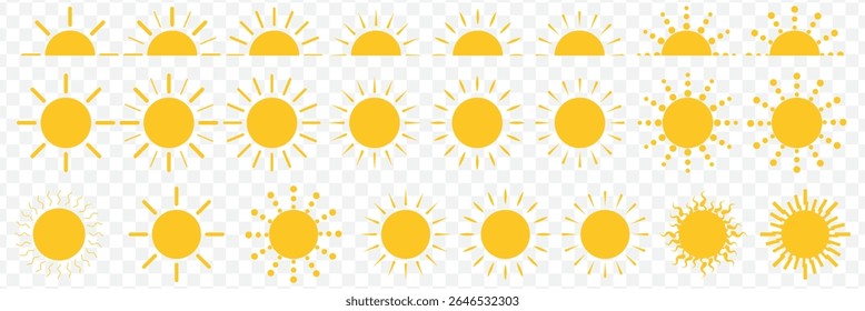Sun icon set. Yellow sun star icons collection. Summer, sunlight, nature, sky. Vector illustration Set of 24 isolated on Transparent background.