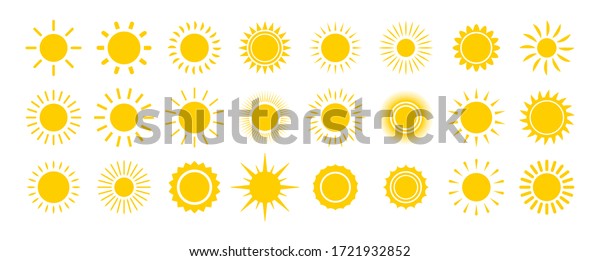 Sun icon set. Yellow sun star icons\
collection. Summer, sunlight, nature, sky. Vector illustration\
isolated on white\
background.