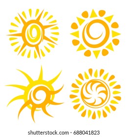 Sun icon set. Yellow stylized silhouette sun or star logo. For decoration topics on summer, spring, nature, sky, weather, day. Isolated vector illustration.