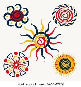 Sun icon set. Yellow stylized silhouette sun or star logo. For decoration topics on summer, spring, nature, sky, weather, day. Isolated vector illustration.