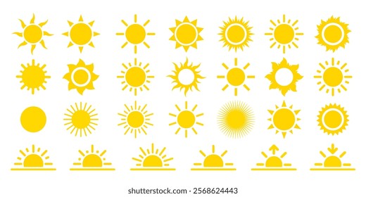 Sun icon set. Yellow sunshine symbol. Sun with radial beam sunrise or sunset. Solar summer icons collection. Vector illustration.