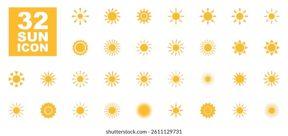 Sun icon set. Sun yellow symbols. Vector flat icon.