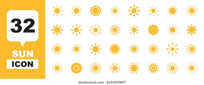 Sun icon set. Sun yellow symbols. Vector flat icon.