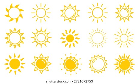 Icono de sol en estilo de Vector amarillo con rayos radiantes y núcleos circulares para diseños de Clima, verano y energía de EPS.