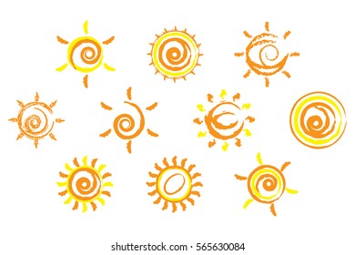 Sun icon sets. Set of 10 different sun icon orange spiral.