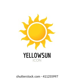 Sun icon sign. Icon or logo design with yellow sun. 