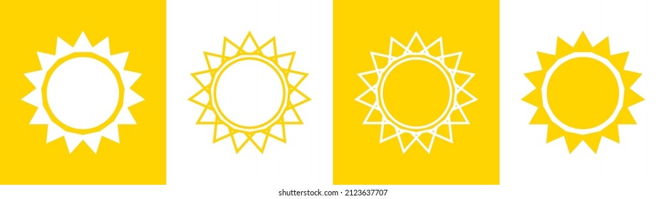 Sun icon. Simple outline sun icon. Line icons of summer. Yellow logos with sunbeam isolated on yellow and white backgrounds. Vector.