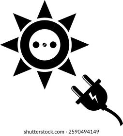 Sun icon, sockets and plugs. Solar energy. It was lit up by the sun. Vector black and white illustration.