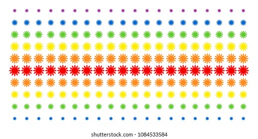 Sun icon spectral halftone pattern. Vector shapes organized into halftone matrix with vertical spectral gradient. Designed for backgrounds, covers, templates and abstract effects.