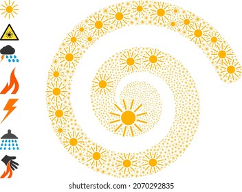 Sun icon spiral curl collage. Sun icons are formed into twirl vector illustration. Object whirlpool is designed from scatter sun symbols. Some similar icons are designed.