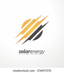 Sun icon with subtle bolt shapes. Solar energy logo design concept. Creative sign template. Renewable energy symbol. Power icon layout.