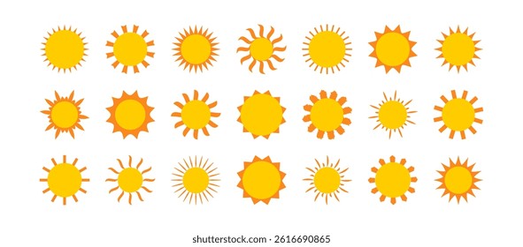 Sun icon, summer ray light, circle sunrise, shine symbol yellow silhouette, weather solar pictogram, morning set isolated on white background. Simple screen vector illustration
