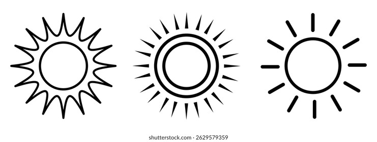 Sun-Symbol. Sun Summer, Vektorsymbol. Sonnenschein, Sonnenlicht, Sonnenaufgang Ikonenset.