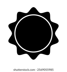 Sun icon. Sunburst, sunlight or sunshine symbol. Circular badge, stamp, label, price tag, quality mark with wavy edges. Black discount, sale, promotion sticker isolated on white background.