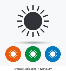 Sun icon. Sunlight summer symbol. Hot weather sign. Round circle buttons with icon. Vector