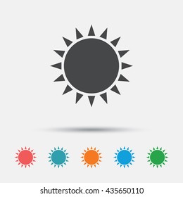Sun icon. Sunlight summer symbol. Hot weather sign. Graphic element on white background. Colour clean flat sun icons. Vector
