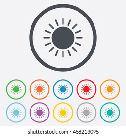 Sun icon. Sunlight summer symbol. Hot weather sign. Round circle buttons with frame. Vector