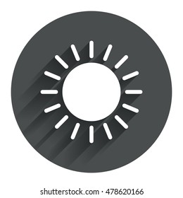 Sun icon. Sunlight summer symbol. Hot weather sign. Circle flat button with shadow. Modern UI website navigation. Vector