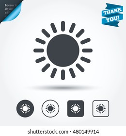 Sun icon. Sunlight summer symbol. Hot weather sign. Circle and square buttons. Flat design set. Thank you ribbon. Vector