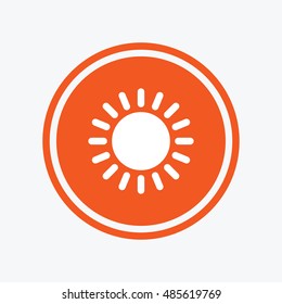 Sun icon. Sunlight summer symbol. Hot weather sign. Graphic design element. Flat sun symbol on the round button. Vector