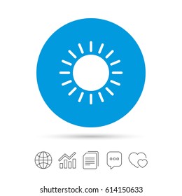 Sun icon. Sunlight summer symbol. Hot weather sign. Copy files, chat speech bubble and chart web icons. Vector