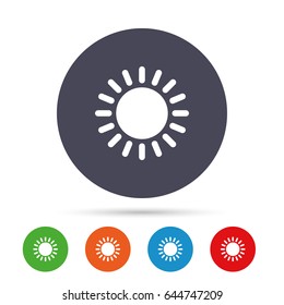 Sun icon. Sunlight summer symbol. Hot weather sign. Round colourful buttons with flat icons. Vector