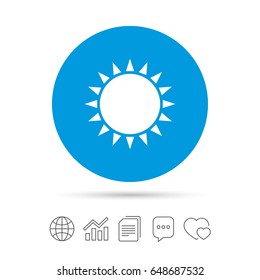 Sun icon. Sunlight summer symbol. Hot weather sign. Copy files, chat speech bubble and chart web icons. Vector
