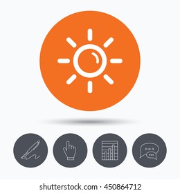 Sun icon. Sunny weather symbol. Speech bubbles. Pen, hand click and chart. Orange circle button with icon. Vector