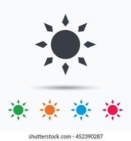 Sun icon. Sunny weather symbol. Colored flat web icon on white background. Vector
