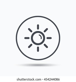 Sun icon. Sunny weather symbol. Circle button with flat web icon on white background. Vector