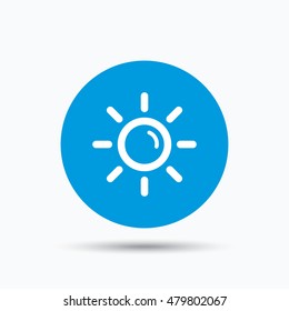 Sun icon. Sunny weather symbol. Blue circle button with flat web icon. Vector