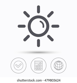 Sun icon. Sunny weather symbol. Check tick, graph chart and internet globe. Linear icons on white background. Vector