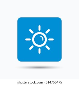 Sun icon. Sunny weather symbol. Blue square button with flat web icon. Vector