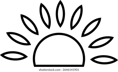 Sun icon, sunshine and solar glow sunrise or sunset. Decorative circle full and half sun and sunlight. Hot solar energy for tan. Vector sun light sign isolated on transparent background