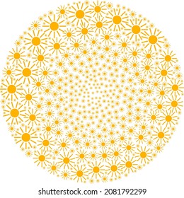 Sun icon swirl spheric composition. Sun items are combined into spheric twist mosaic structure. Abstraction spheric globula mosaic combined from regular sun symbols.
