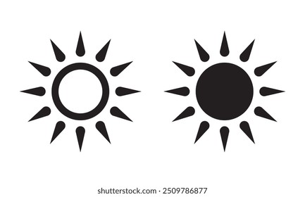 Sun icon, sun symbol, black sun sign isolated on white.