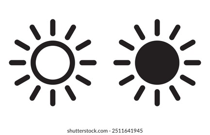 Sun icon, sun symbol, black sun sign isolated on white.