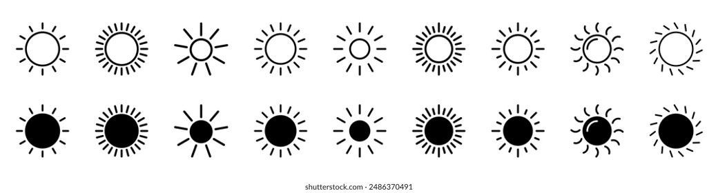 Sun icon, sun symbol isolated on white.