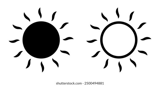 Icono del sol, símbolo del sol aislado en blanco.